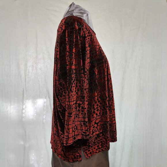 Mod Print Shiny Velveteen Red & Black Blouse for Ladies - Picture 4 of 7